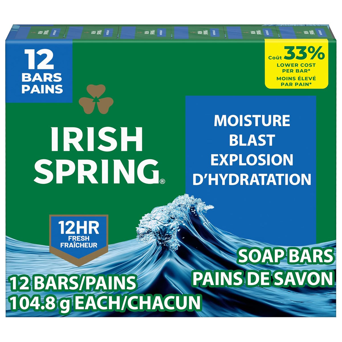 Irish Spring Moisture Blast Deodorant Bar Soap for Men, 3.7 oz (12 Pack)
